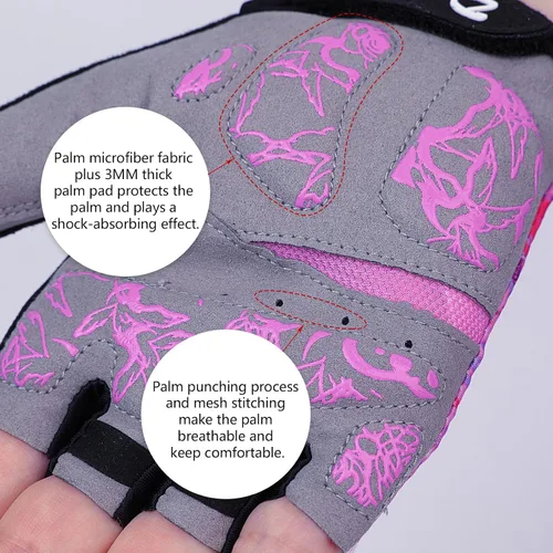Vista 4 de DuShow Guantes de ciclismo acolchados de gel de medio dedo para mujer, antideslizantes, absorben los golpes para ciclismo, ciclismo de montaña