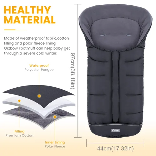 Vista 6 de Orzbow Saco universal para cochecito, saco de dormir cálido para invierno, impermeable y resistente al viento con forro de polar cálido para Negro