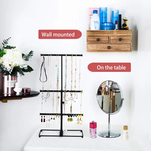 Vista 3 de X-cosrack Organizador de soporte para árbol de joyería soporte de metal de 3 niveles con caja de almacenamiento básica de madera soporte de altura