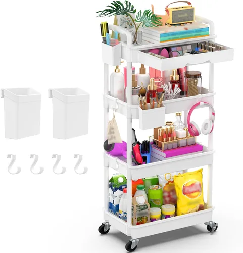 Vista 11 de Goovilla Organizador de carrito utilitario de 3 niveles con cajón extraíble, carritos de almacenamiento rodantes negros estables y resistentes con 2