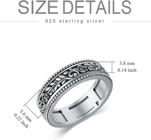 Vista 5 de PROESS Rose Leaves Ring Jewelry 925 Sterling Silver Rings Spinner Ring for Women men Stress Relief Ring Size 7-8