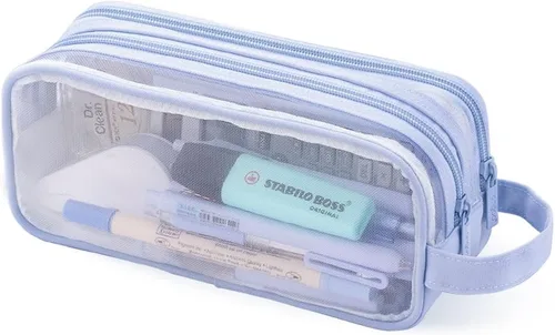 Vista 13 de Oyachic Estuche para lápices de 2 compartimentos de malla transparente para bolígrafos, bolsa de cosméticos para maquillaje, bolsa de cosméticos