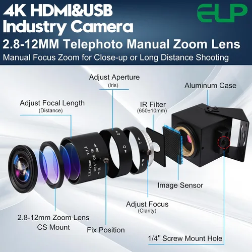Vista 6 de ELP 4K USB HDMI Cámara Manual Zoom Webcam - Enfoque Variable H.264 Mini Cámara de Seguridad USB para Computadora Telescópica - 8mp IMX415 CCTV Lente