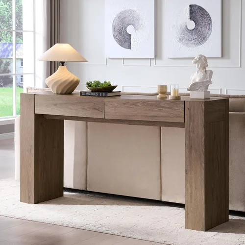 Vista 6 de OKD Moderna mesa consola de entrada, mesa de sofá con cajones, mesa de pasillo de 63 pulgadas de largo detrás del sofá, diseño de madera gruesa