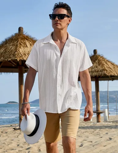 Vista 2 de COOFANDY Camisas de lino de algodón para hombre, ajuste relajado, manga corta, camisa con botones, plisada, guayabera