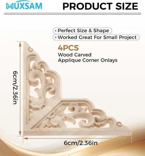 Vista 2 de MUXSAM Apliques decorativos de madera, paquete de 4 calcomanías de madera sin pintar, incrustaciones de incrustaciones de esquinas para armario