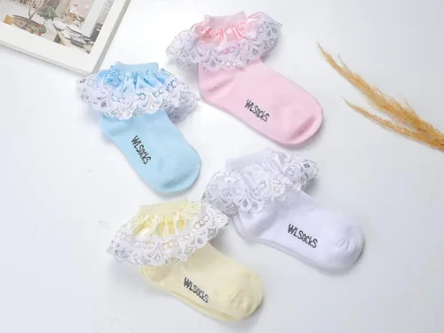 Vista 2 de Xiyadun 5 pares de calcetines de algodón de encaje con volantes para bebés y niñas pequeñas