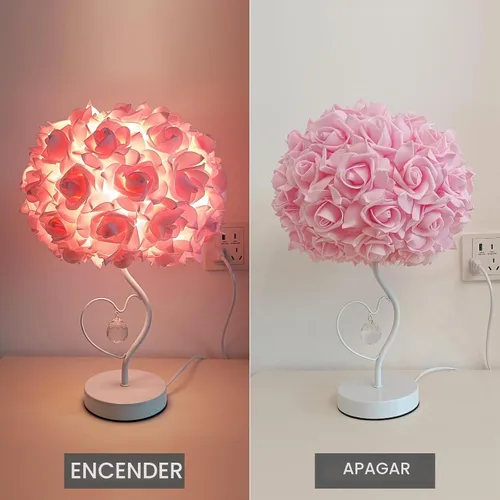 Vista 6 de ZYLEISENBAO Lámpara de Flor de Rosa Rosa Romántica Lámpara de Mesita de Noche Princesa Lámpara de Mesa de Flor para Mesita de Noche Luz de Rosado