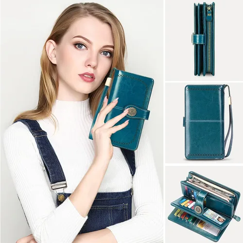 Vista 5 de HUANLANG Cartera grande de cuero para mujer con bolsillo para monedas, organizador de cartera RFID para mujer con correa para muñeca, Estilo 2