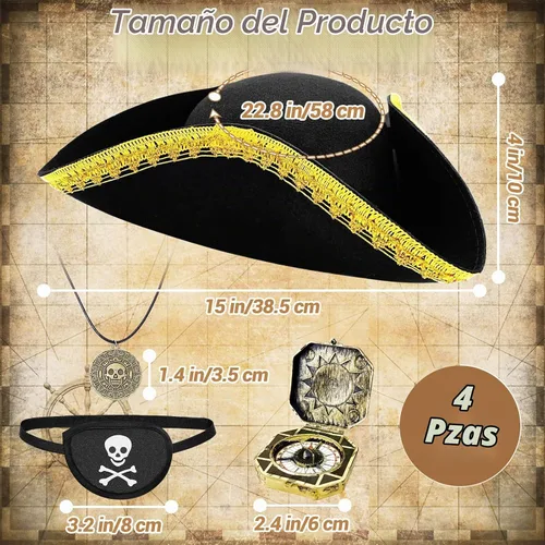 Vista 2 de Zddaoole 4PCS Pirate Hat,Renaissance Pirate Tricorn Hat with Eye Patch & Necklaces for Halloween Cosplay