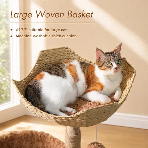 Vista 5 de PAWZ Road Árbol moderno para gatos con poste rascador de madera maciza natural, torre para gatos de 40 pulgadas con cesta de mimbre grande, hamaca