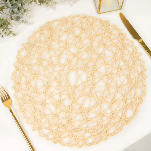 Vista 2 de Efavormart - Paquete de 6 manteles individuales redondos de 15 pulgadas con cuerda metálica beige para bodas, eventos, fiestas de cumpleaños