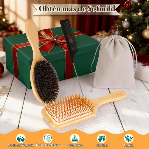 Vista 7 de Sofmild Juego de cepillos de pelo de bambú natural para mujeres, hombres y niños, cepillo desenredante para cabello grueso y rizado y húmedo Negro