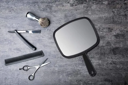 Vista 5 de PROTECLE Espejo de mano, 10.3" L x 7.4" W Espejo de mano para salón de barbería con mango, cuadrado, negro