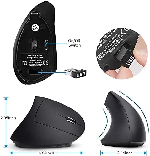 Vista 6 de shoplease Mouse vertical inalámbrico recargable, mouse óptico ergonómico inalámbrico de 2.4 G con 3 ajustables 80012001600 DPI, adecuado para manos