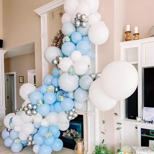 Vista 6 de Kit de arco de globos azules y blancos para bebé, kit de guirnalda de globos azules, globos blancos y plateados para cumpleaños, despedida