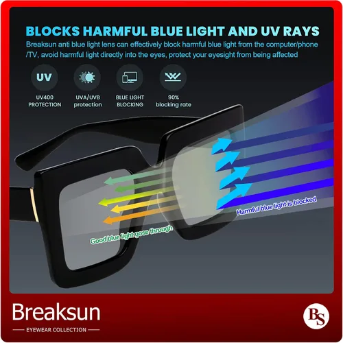 Vista 6 de Breaksun Gafas de luz azul de gran tamaño para mujer, gafas cuadradas gruesas para computadora, sin receta