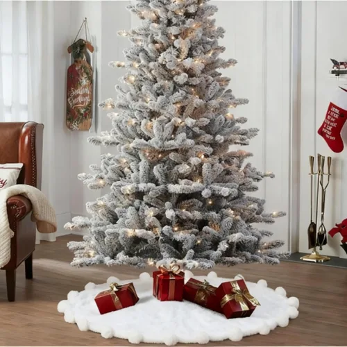 Vista 6 de ORTIGIA Falda blanca para árbol de Navidad de 48 pulgadas con POM POM, falda de árbol de Navidad de felpa suave de piel sintética blanca para árbol