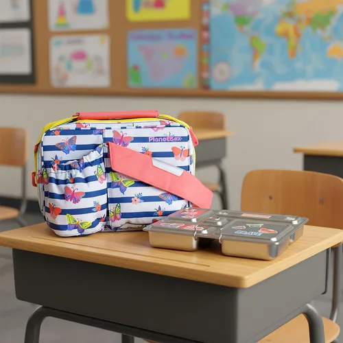 Vista 7 de PlanetBox Rover - Lonchera estilo Bento de acero inoxidable para jóvenes con 5 compartimentos, edición mariposas incluye bolsa de almuerzo aislada