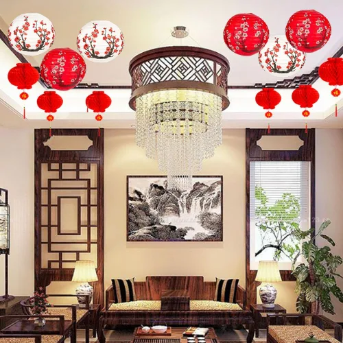 Vista 3 de Hibach - Juego de 26 linternas de papel chinas japonesas con flor de cerezo rojo, 12 x 8 pulgadas para temática asiática, cumpleaños, hogar