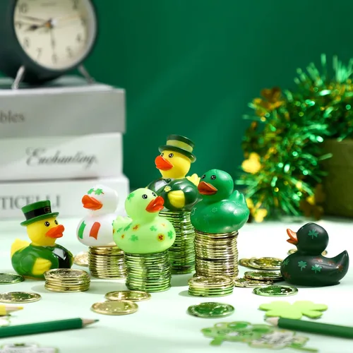 Vista 4 de Jerify 12 patos de goma para el día de San Patricio, 6 estilos, patos de trébol para baño, piscina, cumpleaños, regalos irlandeses del día de San