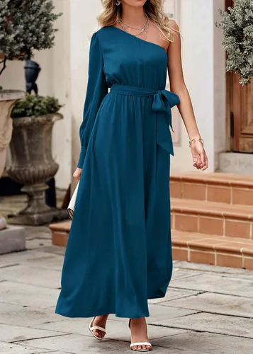 Vista 3 de KIRUNDO Vestido largo de satén de manga larga con un hombro para mujer, asimétrico, con lazo en la cintura, abertura en la cintura, para fiesta