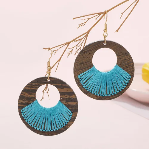 Vista 4 de COIRIS - Aretes colgantes geométricos de madera con forma de círculo, de madera hueca, grandes, redondos, ligeros, colgantes