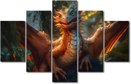 Vista 89 de Lienzo decorativo para pared de sala de estar, lienzo de dragón, 5 paneles, dragón verde, decoración de pared para el hogar, decoración de pared