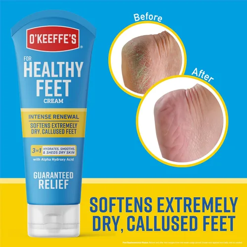 Vista 3 de O'Keeffe's Crema renovadora intensa para pies saludables con urea y ácido alfa hidroxi, tubo de 3 onzas, exfolia químicamente y suaviza los pies