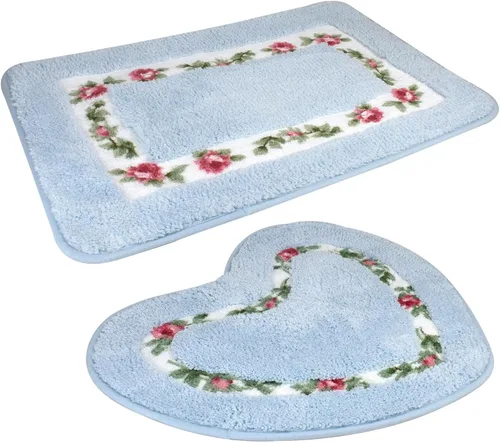 Vista 6 de Bonita alfombra de área de flores de rosas en forma de corazón para un baño súper suave, antideslizante, absorbente, alfombra de baño floral Azul