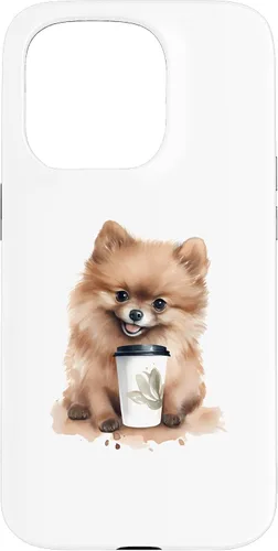 Vista 14 de iPhone 16 Pomerania perro con café estilo acuarela caso