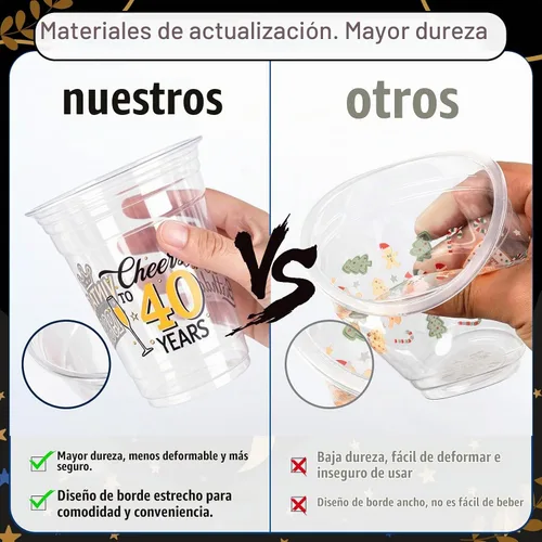 Vista 7 de 50 Piezas Vasos de Plástico para Fiesta de Cumpleaños 40 a Granel, 16 Oz Vasos de Beber Desechables de Plástico Transparente Negro Dorado