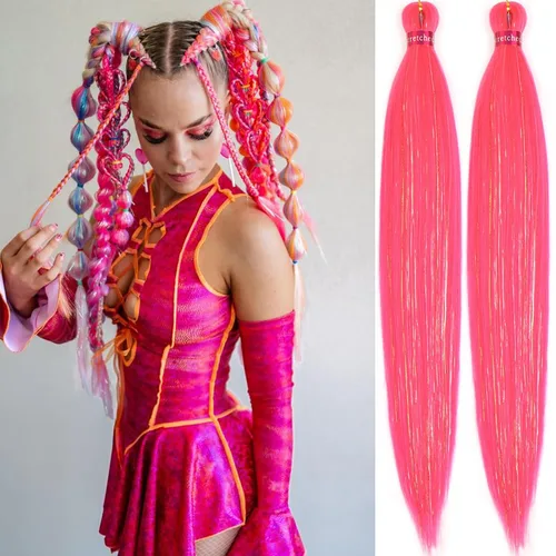 Vista 33 de Cabello trenzado verde con lentejuelas de 26 pulgadas, preestirado, trenzas de textura Yaki, extensiones de cabello pre plumadas, 3 paquetes, fácil