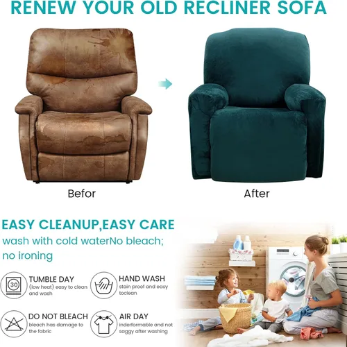 Vista 6 de MIFXIN Funda reclinable de terciopelo de 4 piezas, elástica de 1 asiento, fundas de sofá reclinable, fundas elásticas suaves para sillas Verde Oscuro