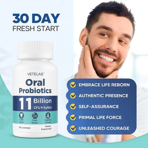 Vista 3 de Probióticos orales para el mal aliento bucal, 11 mil millones de UFC probióticos masticables para dientes y encías, boca seca, restauración