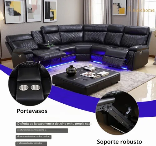 Vista 5 de A Ainehome Sofá modular reclinable eléctrico con LED, juego de sofá modular eléctrico de cuero negro, juego de muebles de sala con carga USB