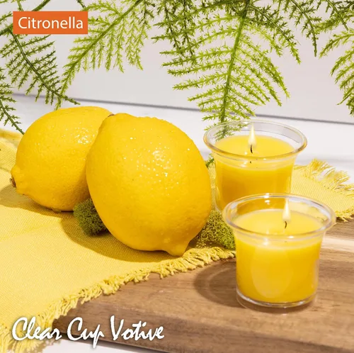 Vista 4 de HYOOLA Clear Cup Velas votivas perfumadas – Citronela – 12 horas de tiempo de combustión – Paquete de 4 – Fabricado en Europa Amarillo Citronela