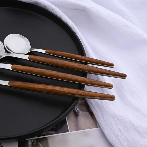 Vista 5 de Juego de cubiertos de acero inoxidable con mango de efecto de madera Cubiertos pulidos con espejo plateado, utensilios de cocina para el hogar