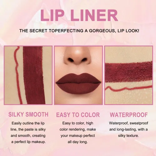 Vista 3 de evpct 1Pcs Kit de delineador de labios y lápiz labial rojo oscuro profundo para mujer, kit de labios mate con delineador de labios, manchas de 1