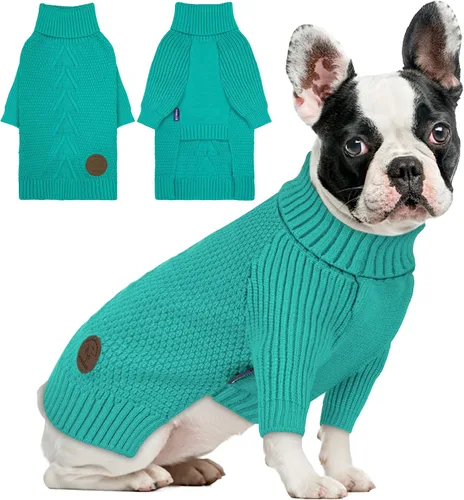 Vista 25 de cyeollo Suéter para perro pequeño, suéteres cálidos de cuello alto para perros pequeños, sudadera tejida para perrito con mangas, suéter de otoño e