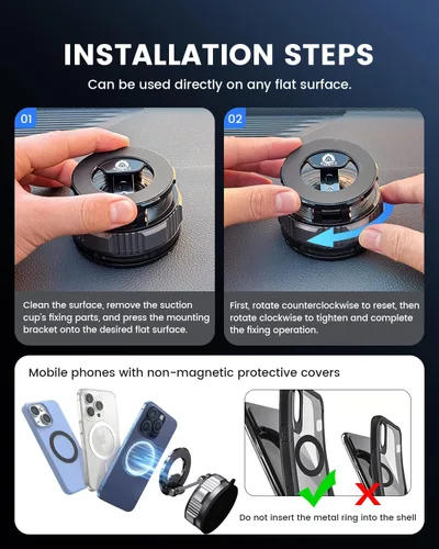 Vista 6 de JunDa Soporte magnético para teléfono con ventosa, soporte de automóvil retráctil plegable ajustable de 360°, compatible con iPhone, Android y todos