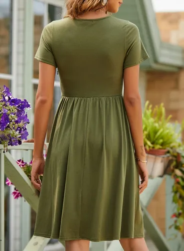 Vista 5 de YATHON - Vestidos de verano para mujer con mangas, de algodón, con cuello en V, botones y bolsillos, de corte acampanado, estilo casual