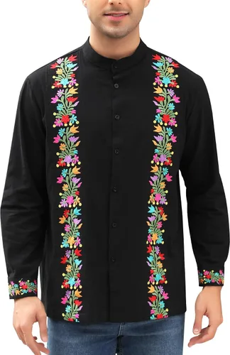 Vista 7 de Camisas mexicanas para hombre, camisa de manga larga bordada con botones y cuello mandarín