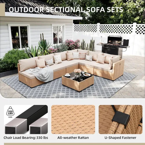 Vista 3 de UPHA Juego de muebles de mimbre para patio de 7 piezas con mesa auxiliar Cojín de ratán beige y beige