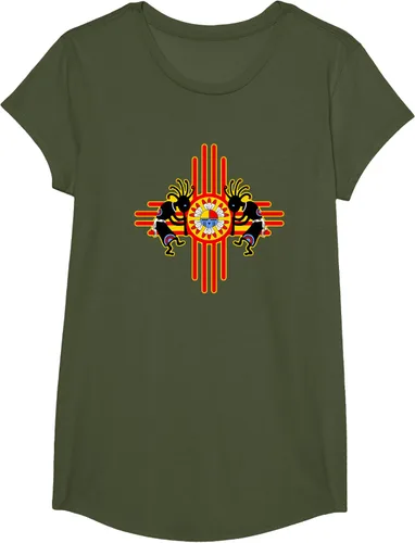 Vista 91 de Native American Kokopelli Kachina Zia Symbol 2 - Camiseta divertida para fanáticos, Negro