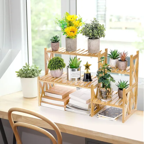 Vista 5 de Lawei Soporte de bambú de 2 niveles para plantas de mesa, soporte ajustable para macetas, soporte de exhibición para macetas, estante pequeño