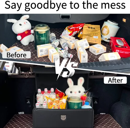 Vista 4 de Organizador de maletero Wuatow para coche, organizador de maletero para SUV y sedán, con tapa, multifuncional, caja de almacenamiento de carga Negro