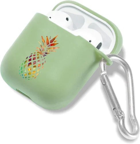 Vista 4 de Funda verde para AirPod 1 y 2 con llavero mosquetón + bolsa de almacenamiento, pintura colorida piña funda inalámbrica para auriculares inalámbricos
