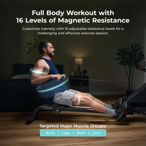 Vista 3 de Sunny Health & Fitness Smart Magnetic Rowing Machine, Full-Body Workout