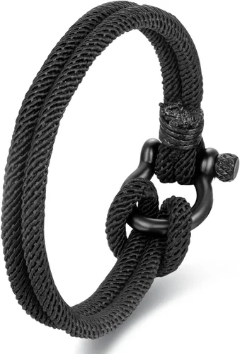 Vista 9 de Pulsera náutica de marinero con cierre de cuerda, brazalete de acero con tornillo de acero y grilletes de anclaje marino, dos filas